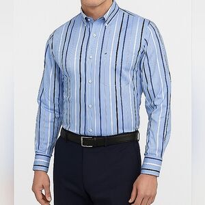 Tommy Hilfiger 2 Ply 100% Cotton Custom Fit Stripe Button Down Shirt Blue Large